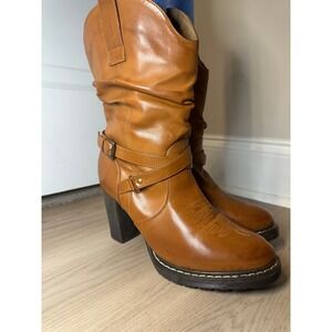 Roper‎ Womens Tan Faux Leather Cowboy Boots Heeled Buckle Slouchy Mid Calf Sz 10